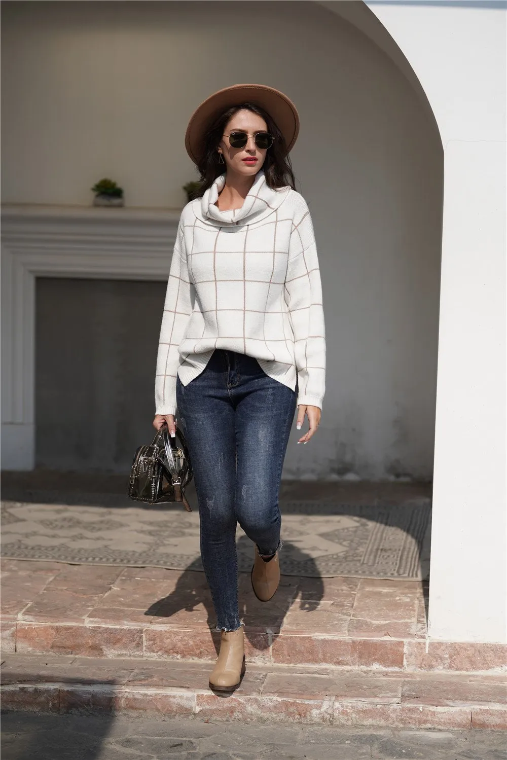 elveswallet Chic Turtleneck Loose Plaid Sweater - Red