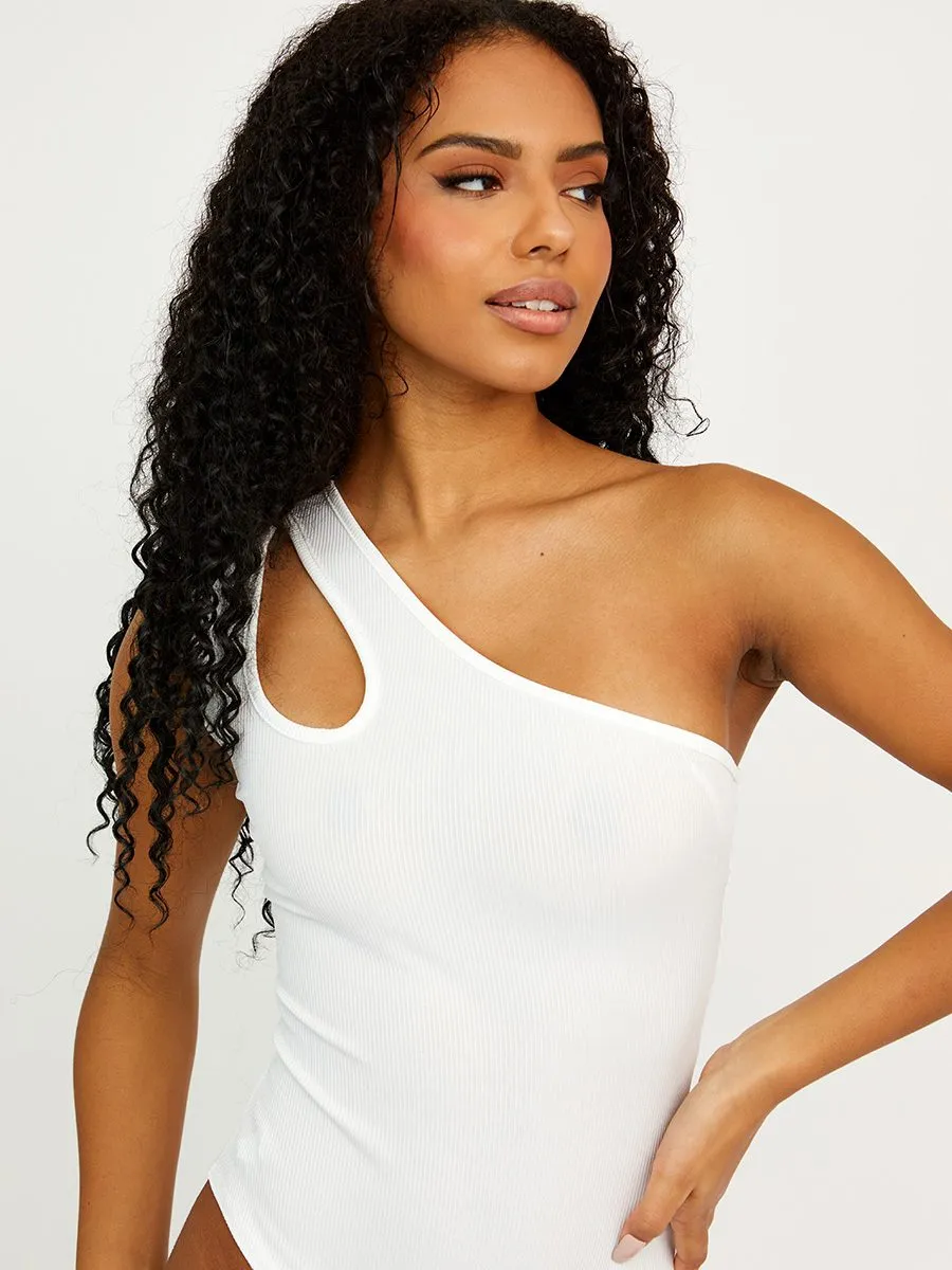 Elys Cut Out One Shoulder Ribbed Bodysuit In Cream