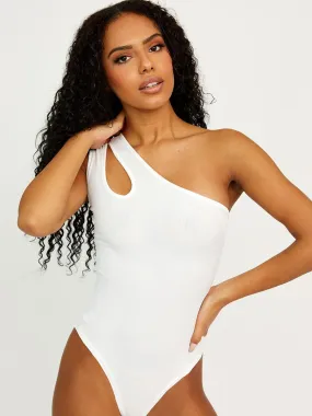 Elys Cut Out One Shoulder Ribbed Bodysuit In Cream