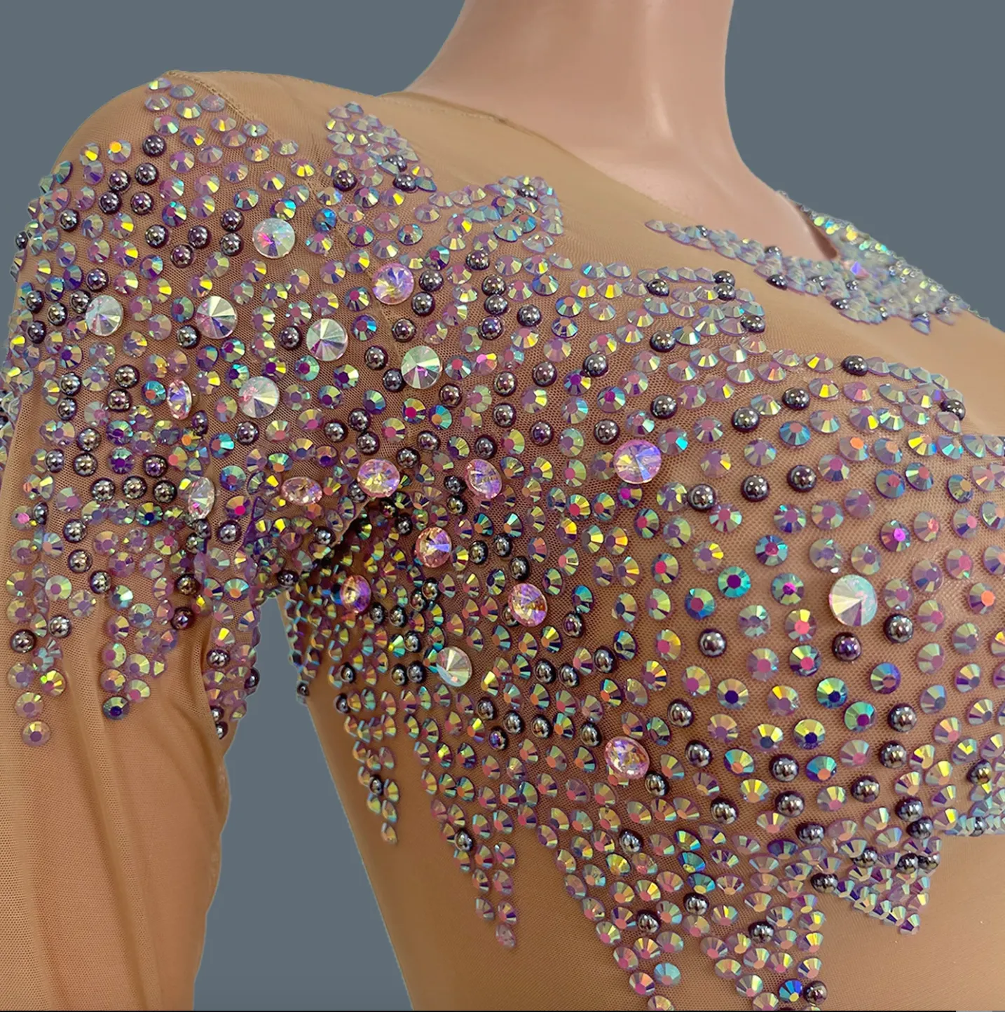 Embellished Jumpsuit Mesh Sequin Bodysuit Birthday Outfit Crystal Festival Rave Costume