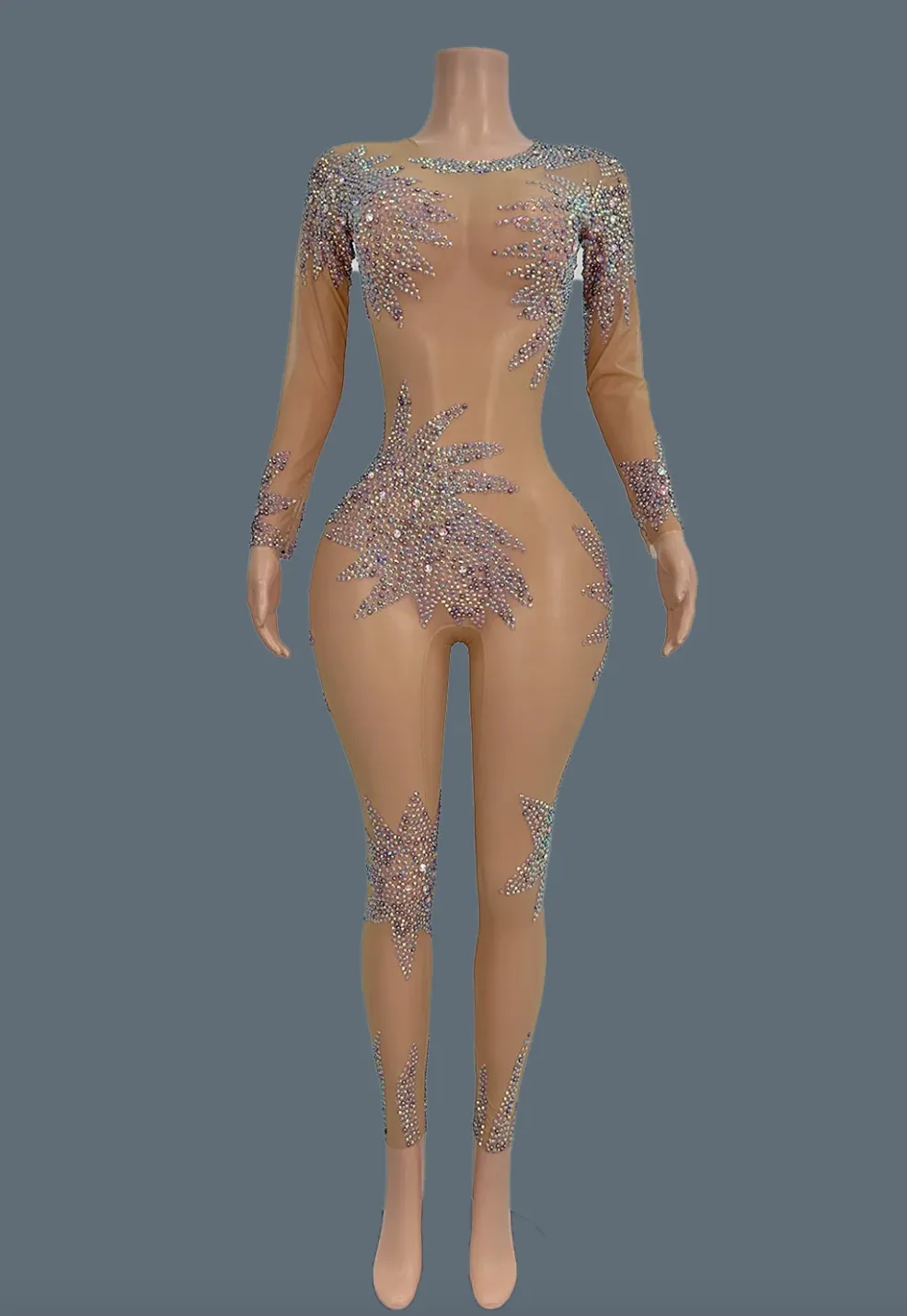 Embellished Jumpsuit Mesh Sequin Bodysuit Birthday Outfit Crystal Festival Rave Costume