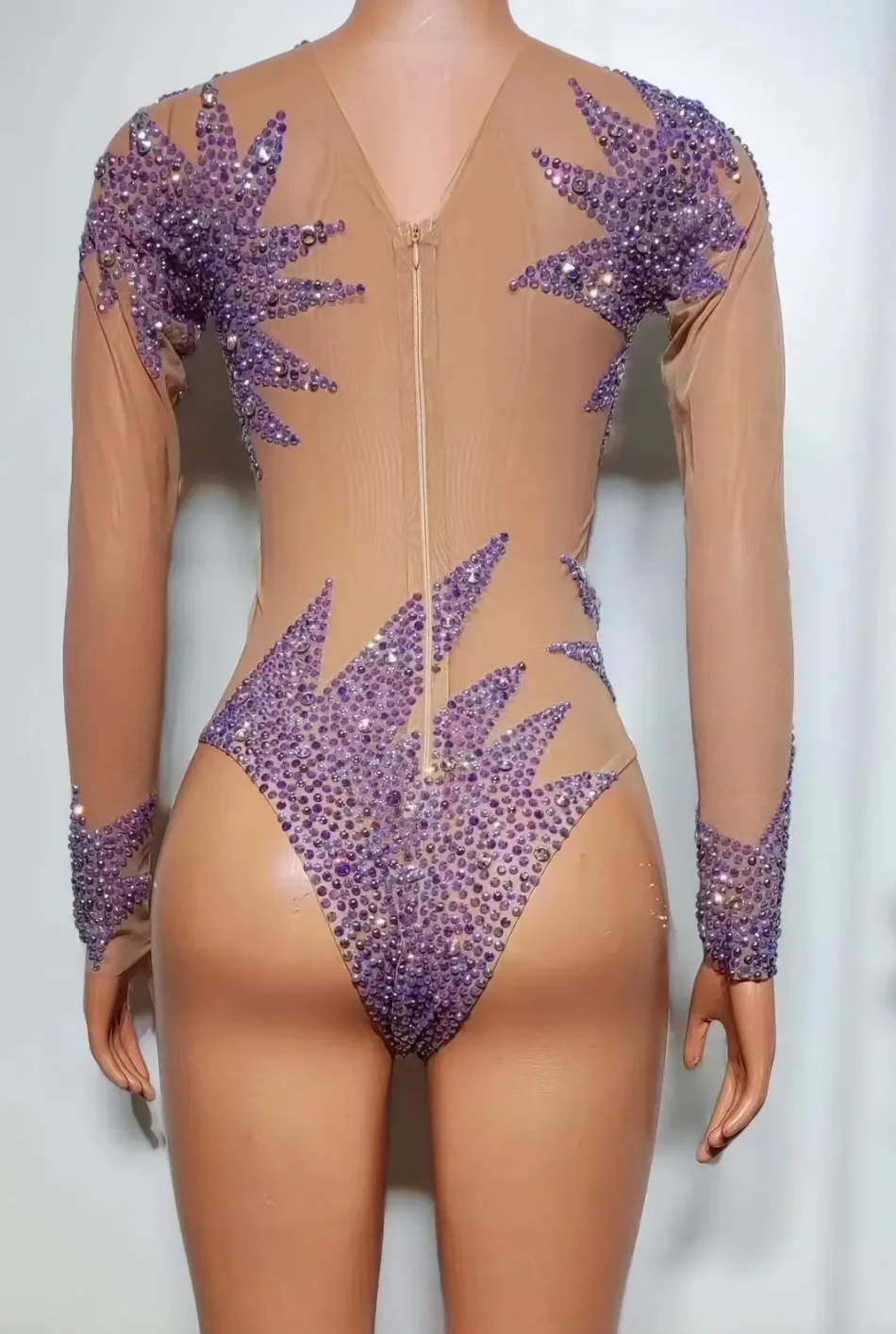 Embellished Jumpsuit Mesh Sequin Bodysuit Birthday Outfit Crystal Festival Rave Costume