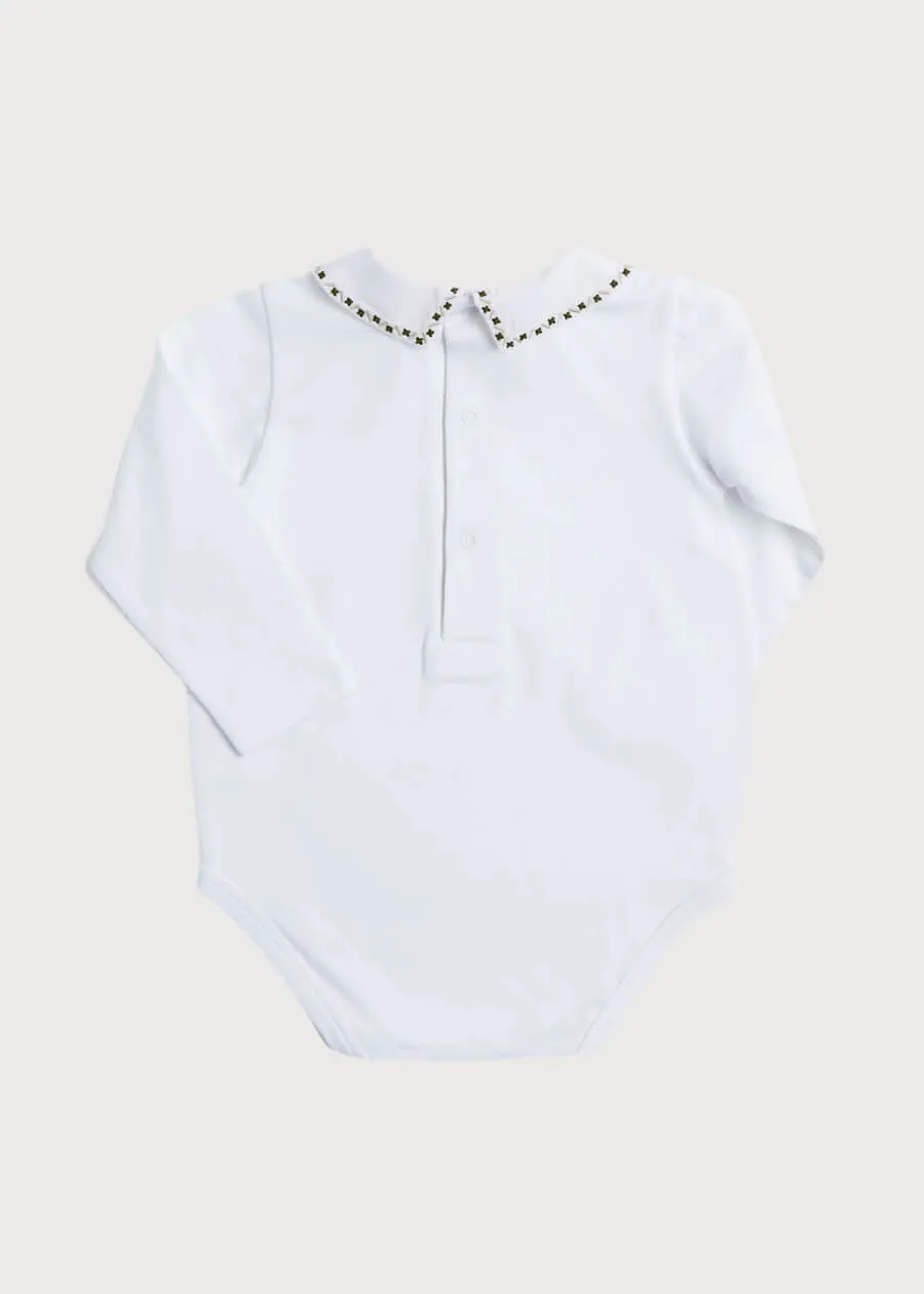 Embroidered Polo Collar Bodysuit in White (0mths-2yrs)
