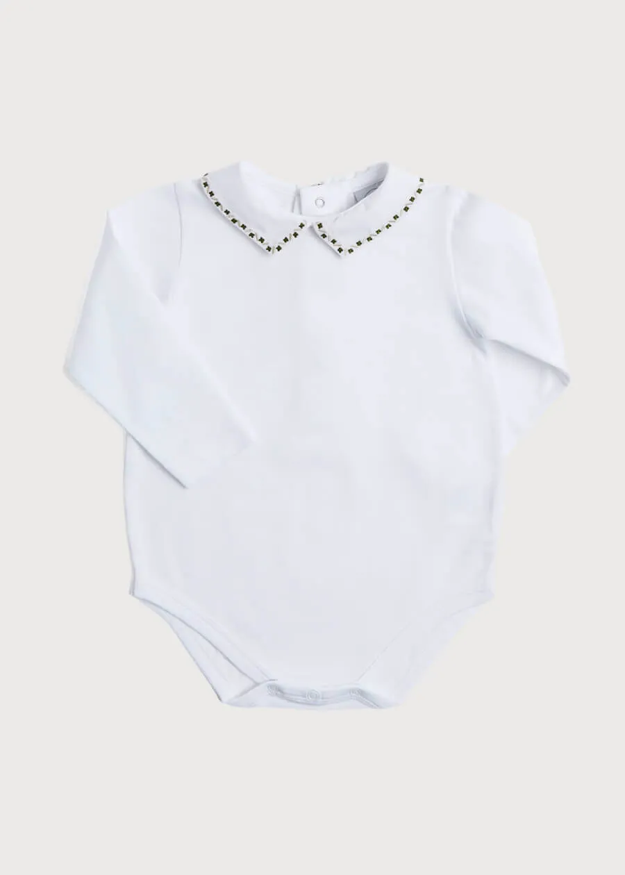 Embroidered Polo Collar Bodysuit in White (0mths-2yrs)