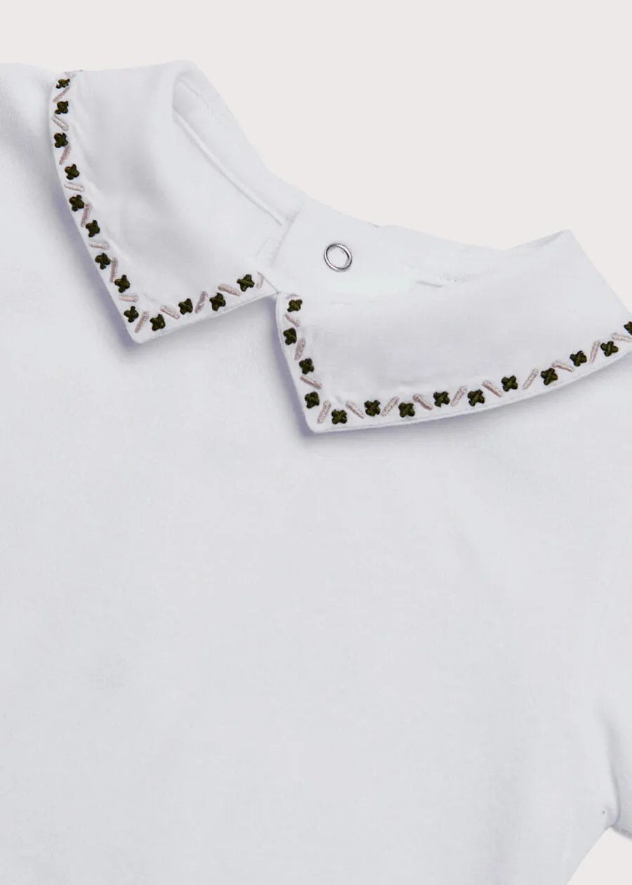 Embroidered Polo Collar Bodysuit in White (0mths-2yrs)
