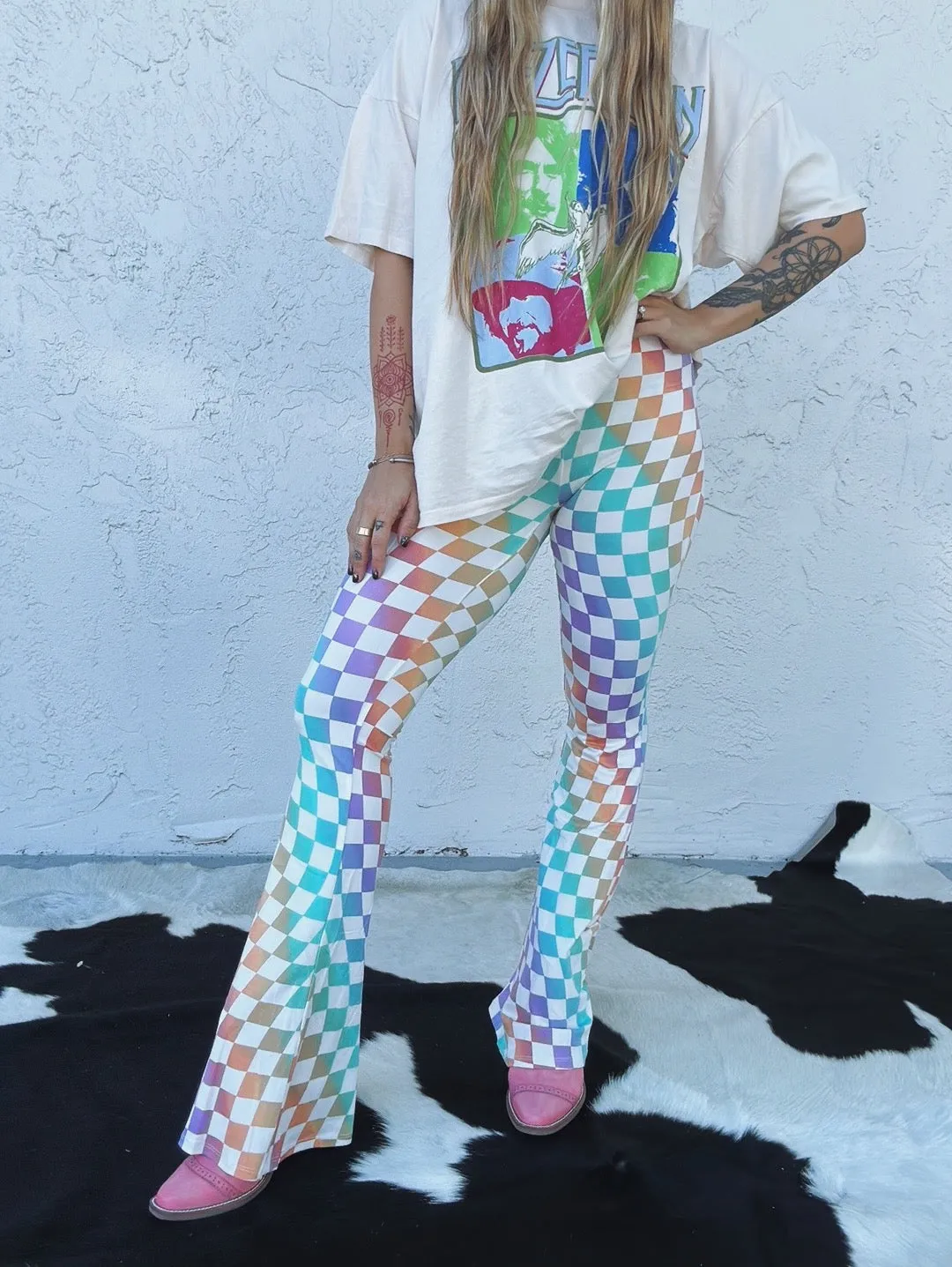 Fantasy Fest Multi Color Checkerboard Print Bell Bottom Flare Pants