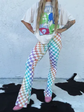 Fantasy Fest Multi Color Checkerboard Print Bell Bottom Flare Pants