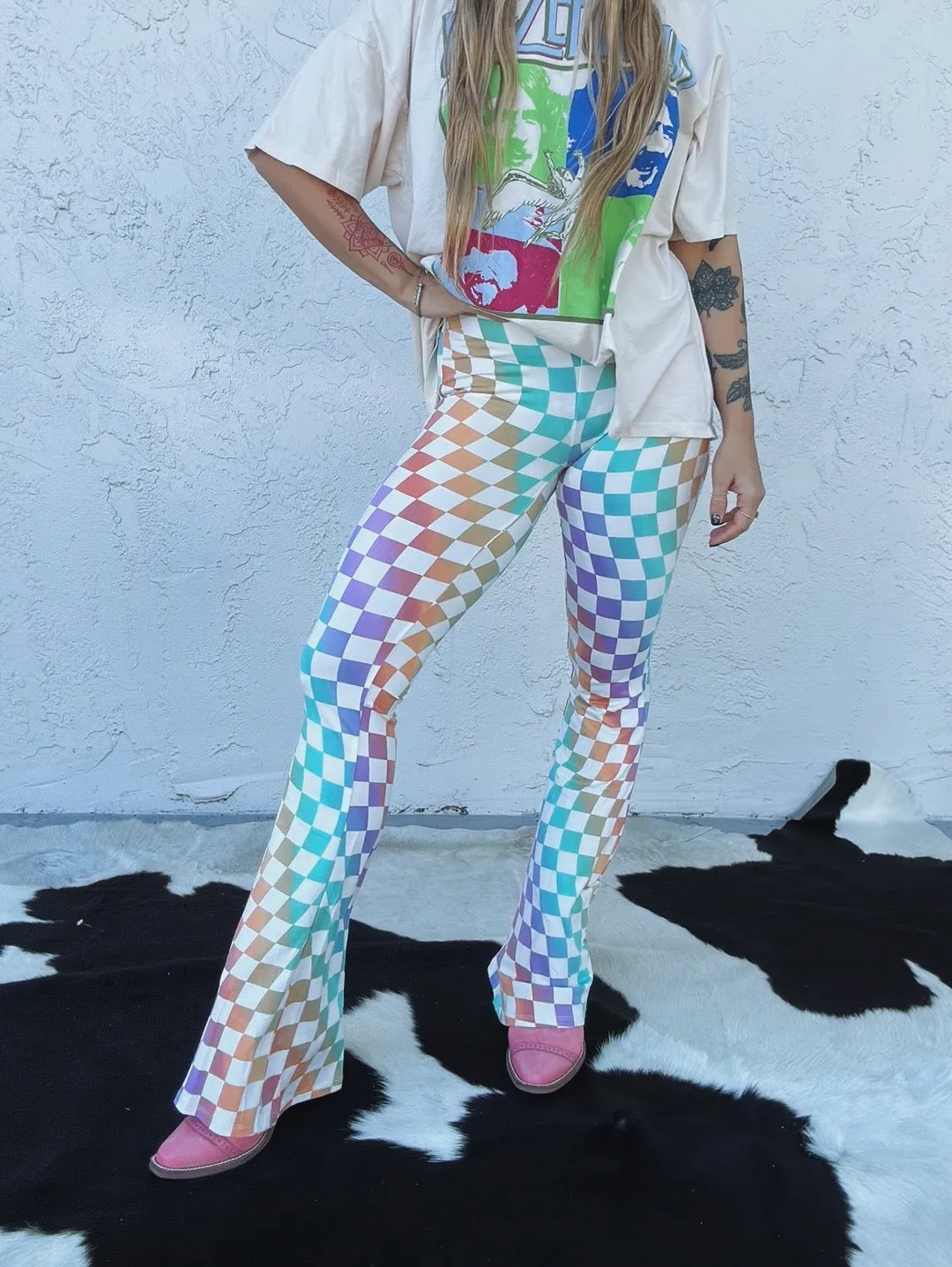 Fantasy Fest Multi Color Checkerboard Print Bell Bottom Flare Pants