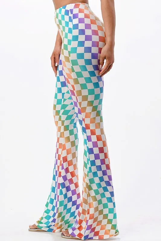 Fantasy Fest Multi Color Checkerboard Print Bell Bottom Flare Pants