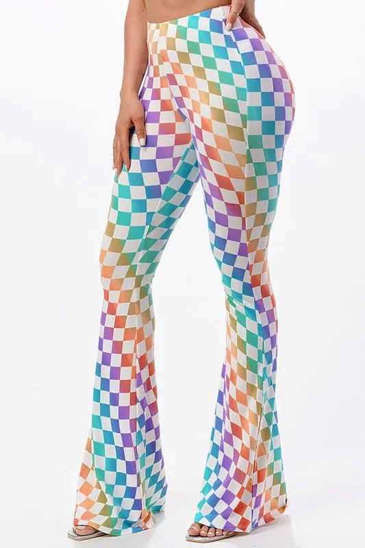 Fantasy Fest Multi Color Checkerboard Print Bell Bottom Flare Pants