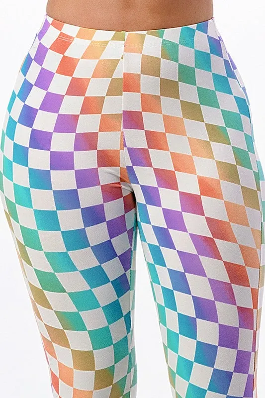 Fantasy Fest Multi Color Checkerboard Print Bell Bottom Flare Pants