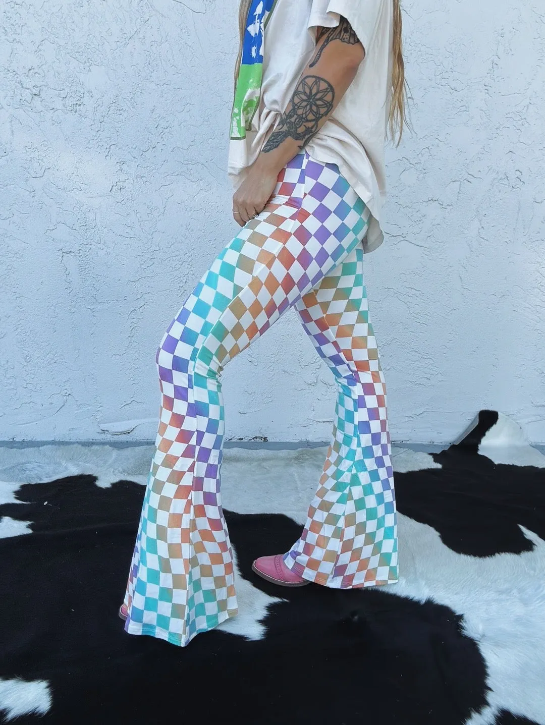 Fantasy Fest Multi Color Checkerboard Print Bell Bottom Flare Pants