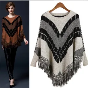 Fashion Striped Batwing Sleeve Tassel Knitting Cloak Coat