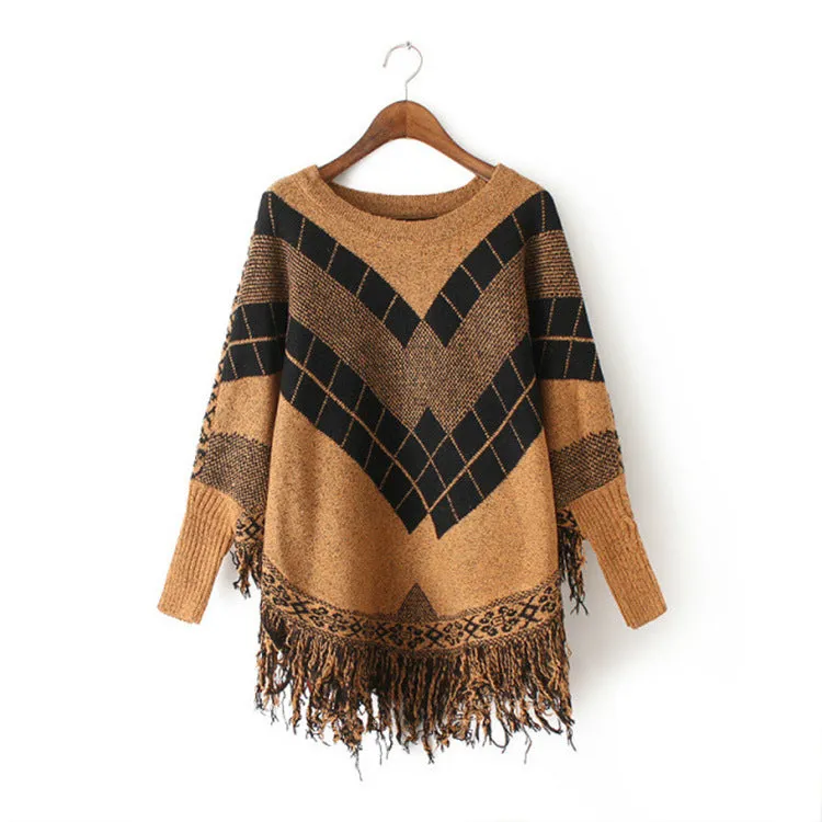 Fashion Striped Batwing Sleeve Tassel Knitting Cloak Coat