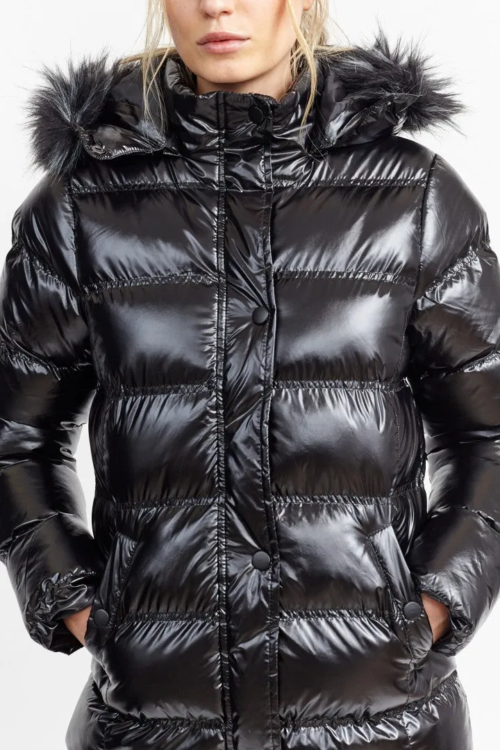 FAUX FUR TRIM BLACK HIGH SHINE LONG PADDED JACKET