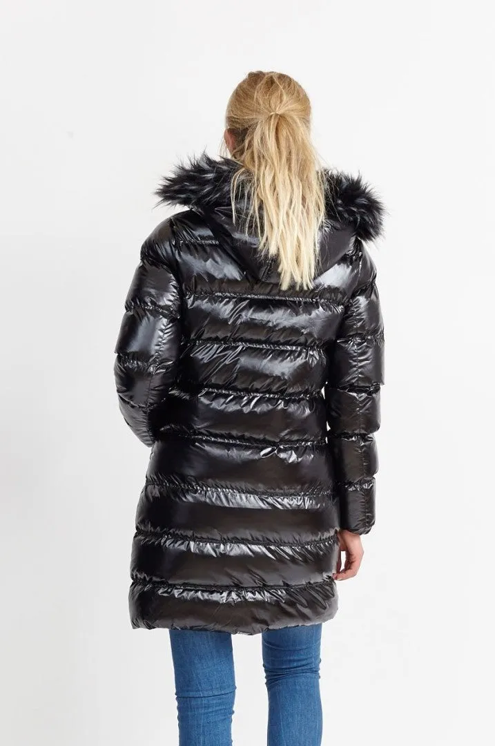 FAUX FUR TRIM BLACK HIGH SHINE LONG PADDED JACKET