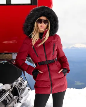 Faux Fur Trim Shaped Belted Puffer Jacket Deep Red