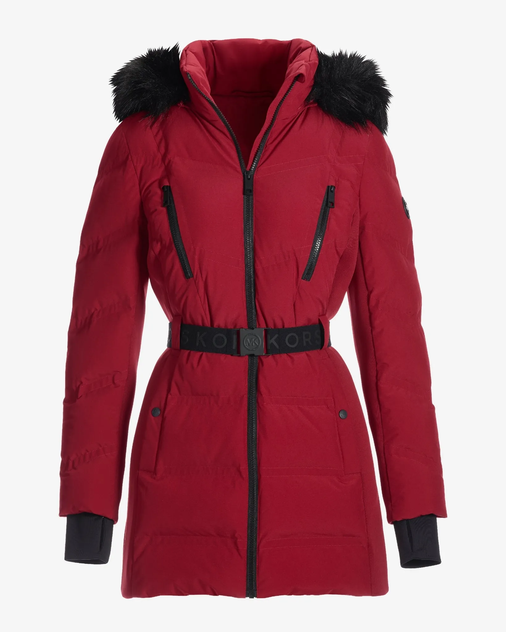 Faux Fur Trim Shaped Belted Puffer Jacket Deep Red