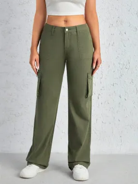 Flap Side Pocket Plain Cargo Jeans