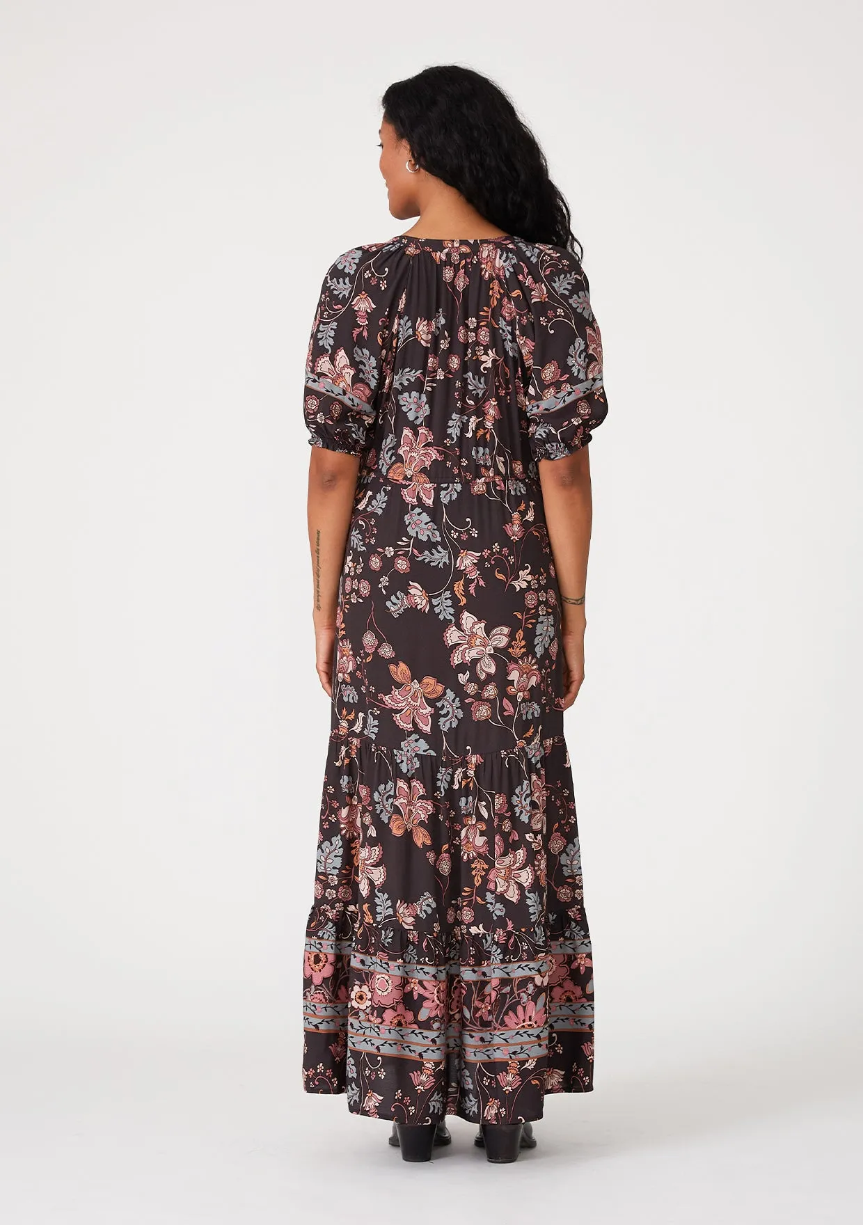 Floral Puff Sleeve Tie Neck Tiered Maxi Dress