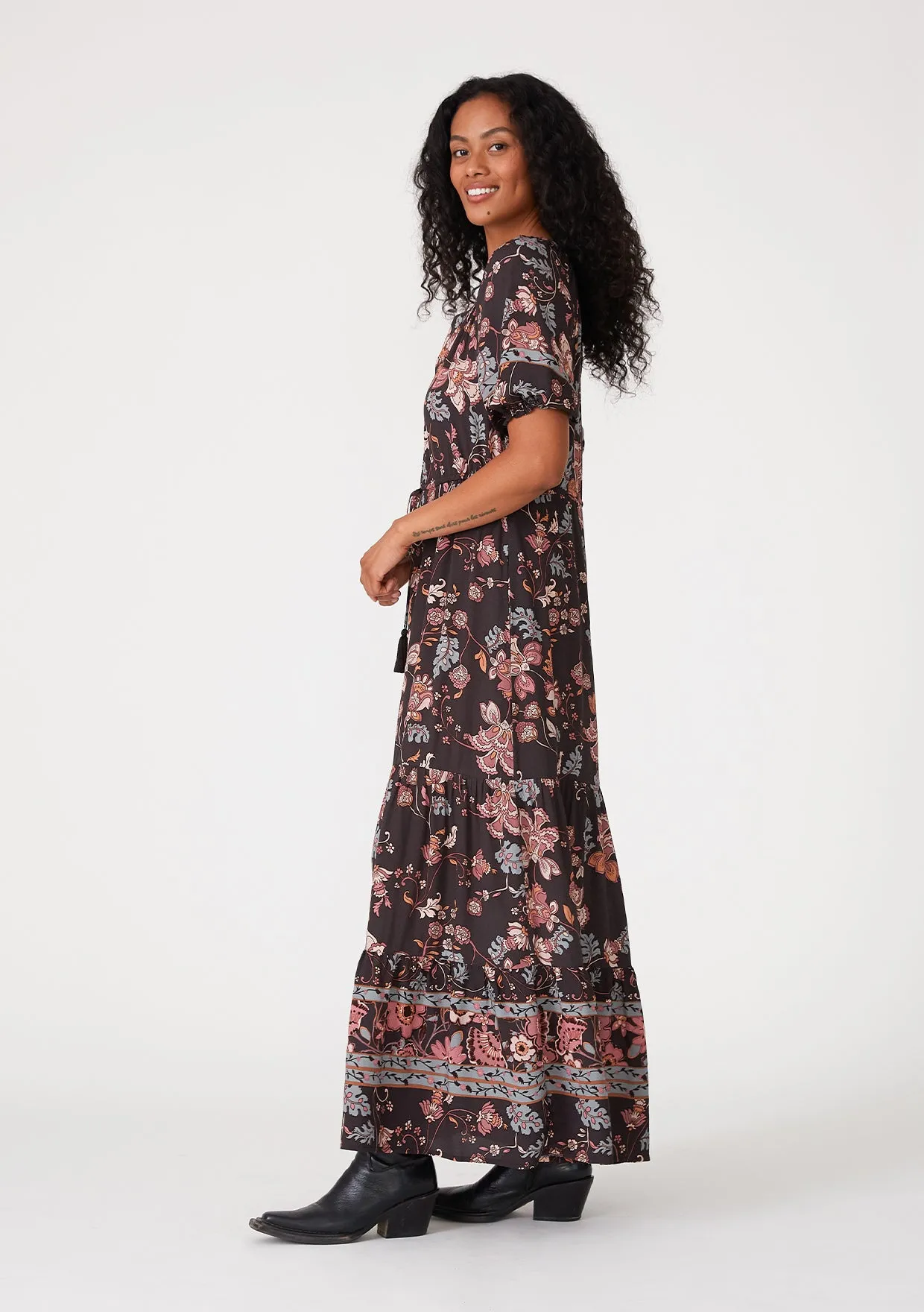 Floral Puff Sleeve Tie Neck Tiered Maxi Dress