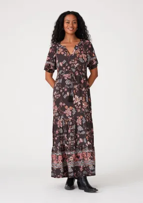 Floral Puff Sleeve Tie Neck Tiered Maxi Dress