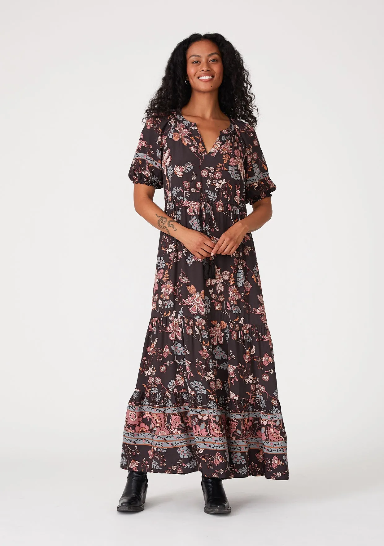 Floral Puff Sleeve Tie Neck Tiered Maxi Dress