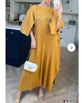 Full Length Pleated maxi dress with cap sleeves in Yellow
