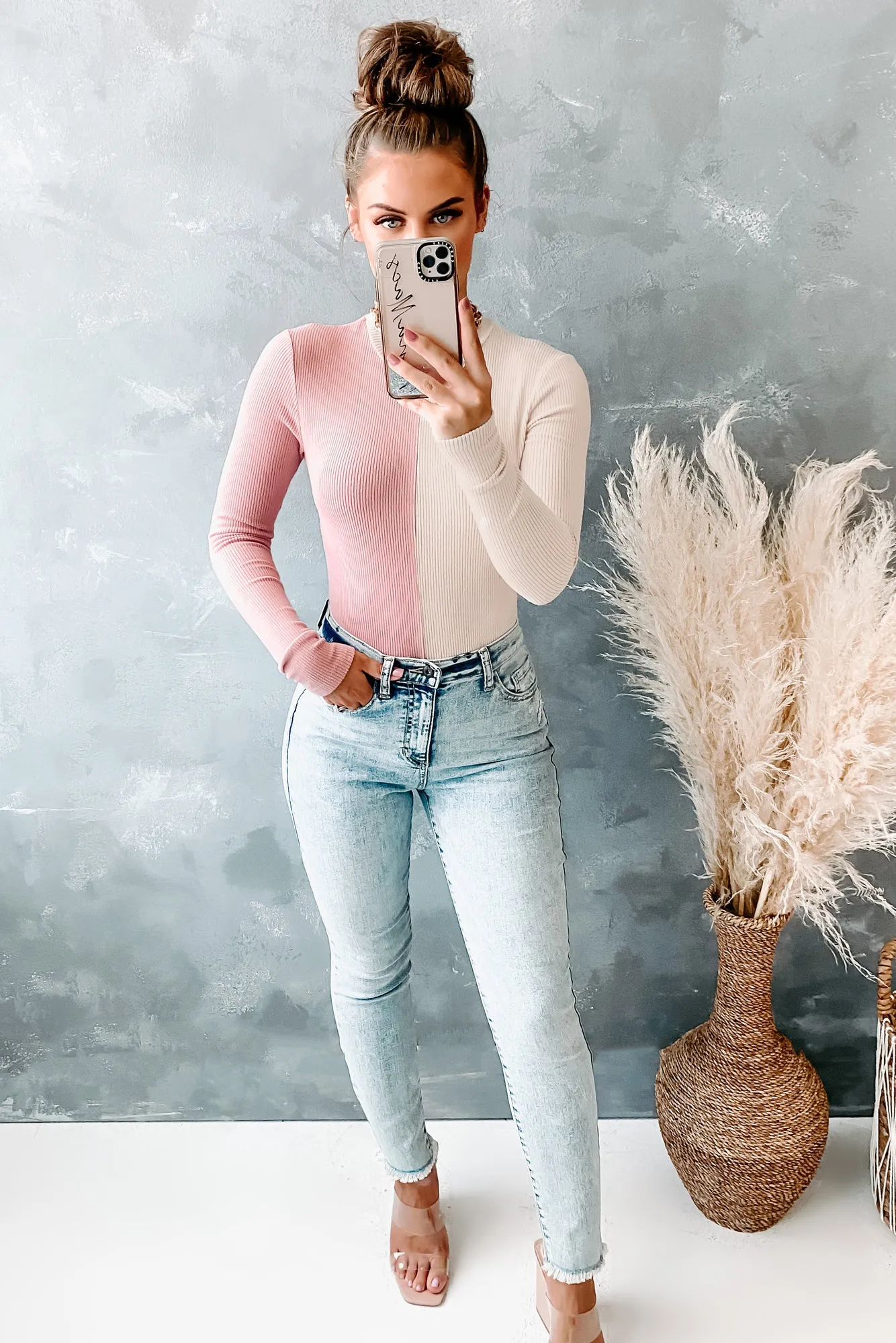 Getting Creative Ribbed Color Block Bodysuit (Tan/Dusty Pink)