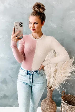 Getting Creative Ribbed Color Block Bodysuit (Tan/Dusty Pink)