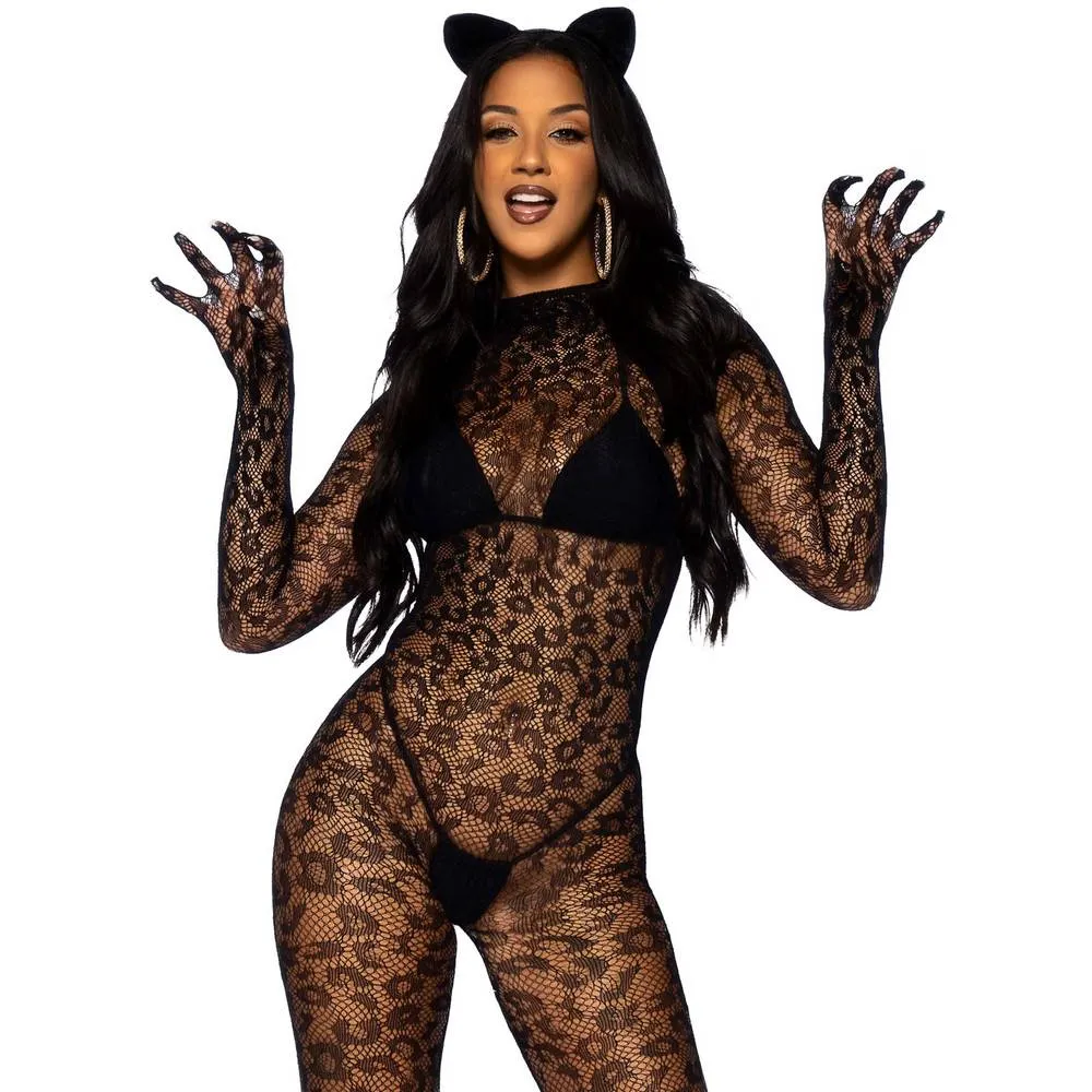 Gloved Leopard Catsuit - Black O.S