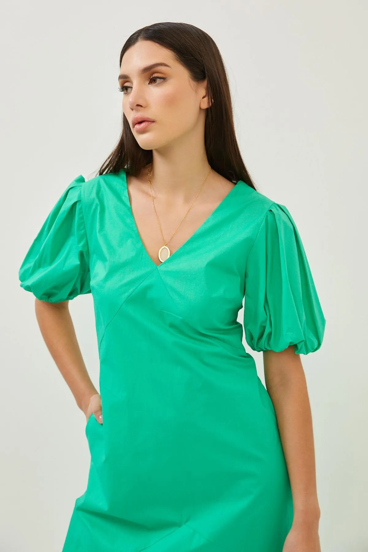 Green Cotton Puff Sleeve Maxi Dress