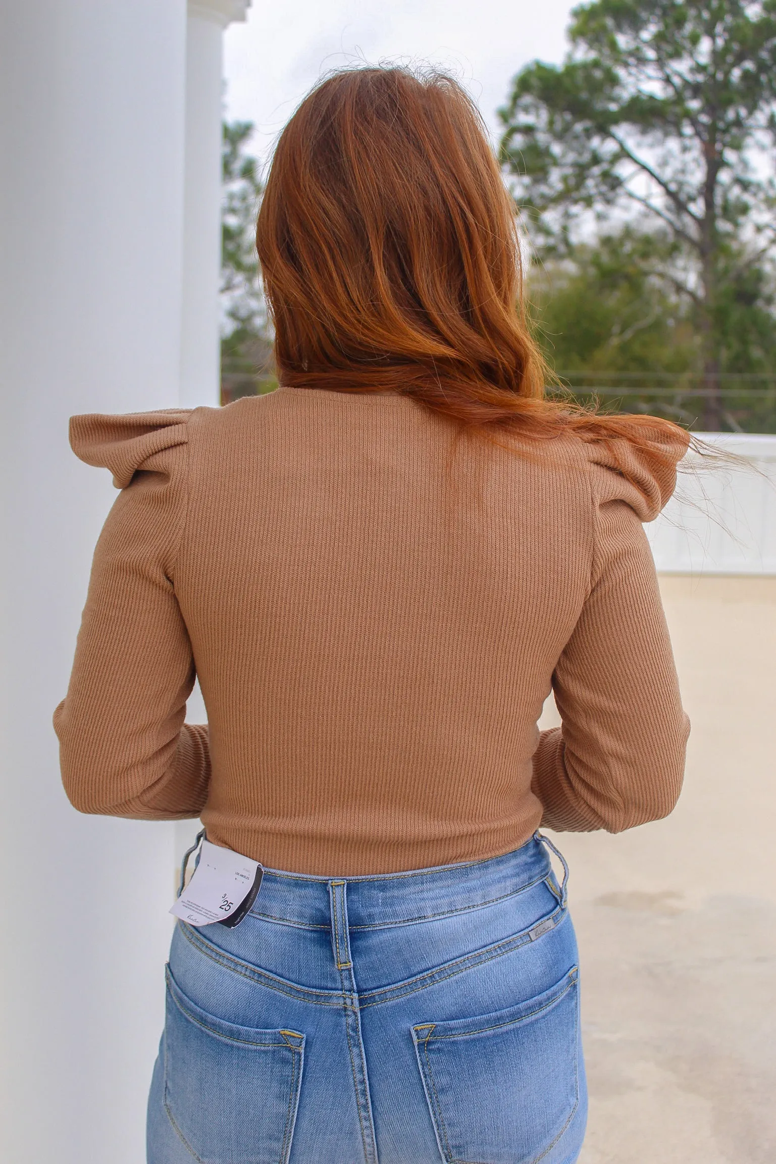 Gretchen Structured Puff Sleeve Deep V Bodysuit- Camel