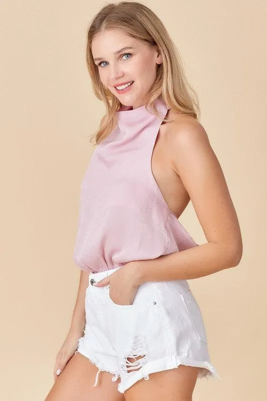 Halter Neck Strap Open Back Woven Bodysuit
