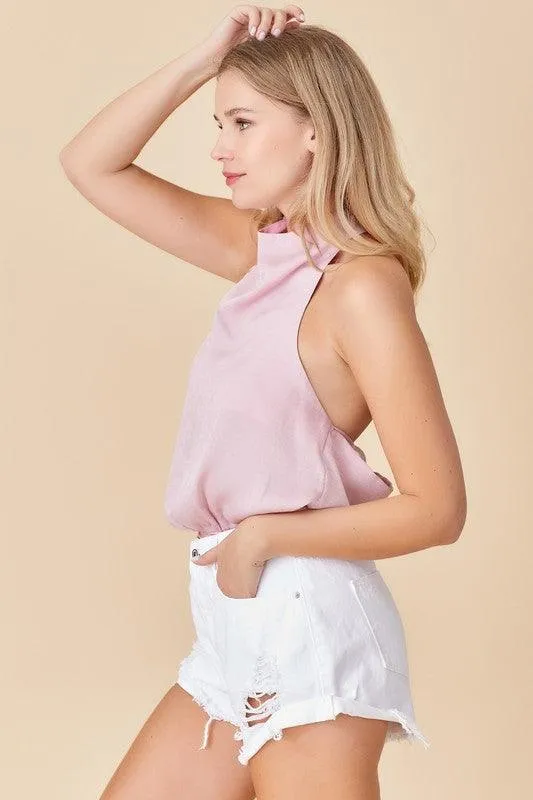 Halter Neck Strap Open Back Woven Bodysuit