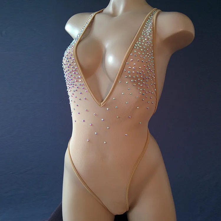 High Cut Bodysuit  SKINNY CRYSTAL  / Sexy Lingerie Sheer Mesh/ FLESH
