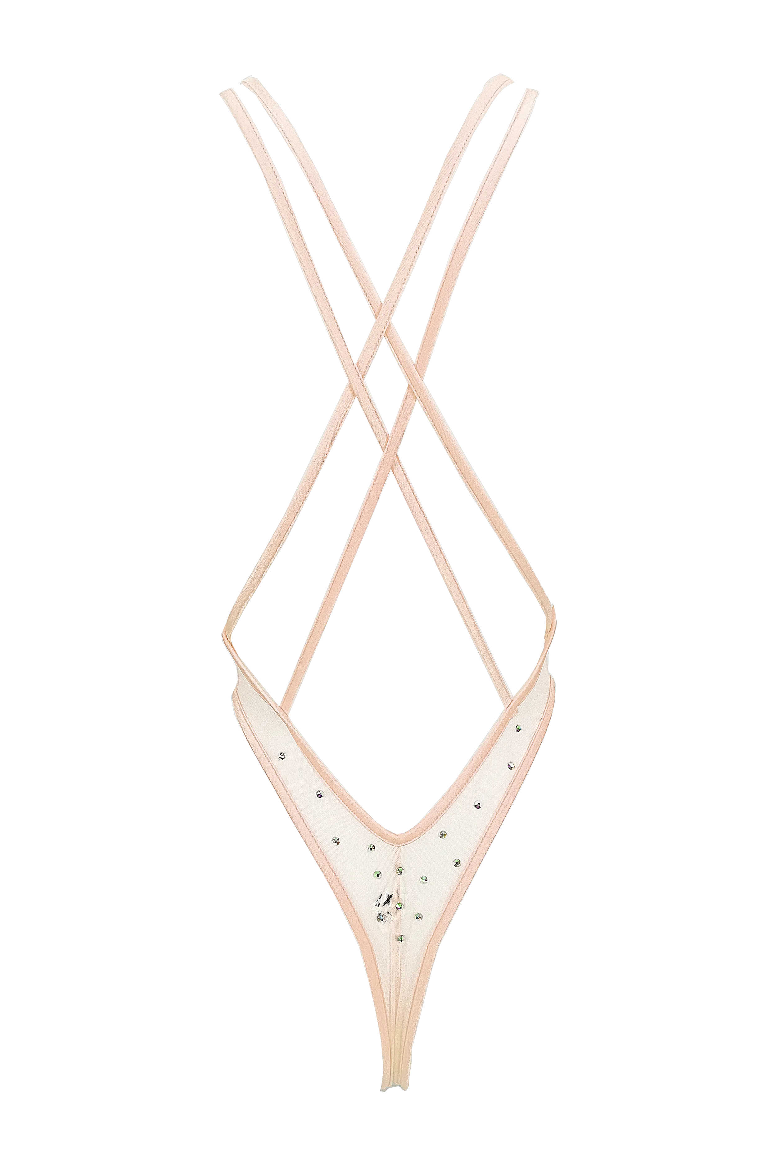 High Cut Bodysuit  SKINNY CRYSTAL  / Sexy Lingerie Sheer Mesh/ FLESH