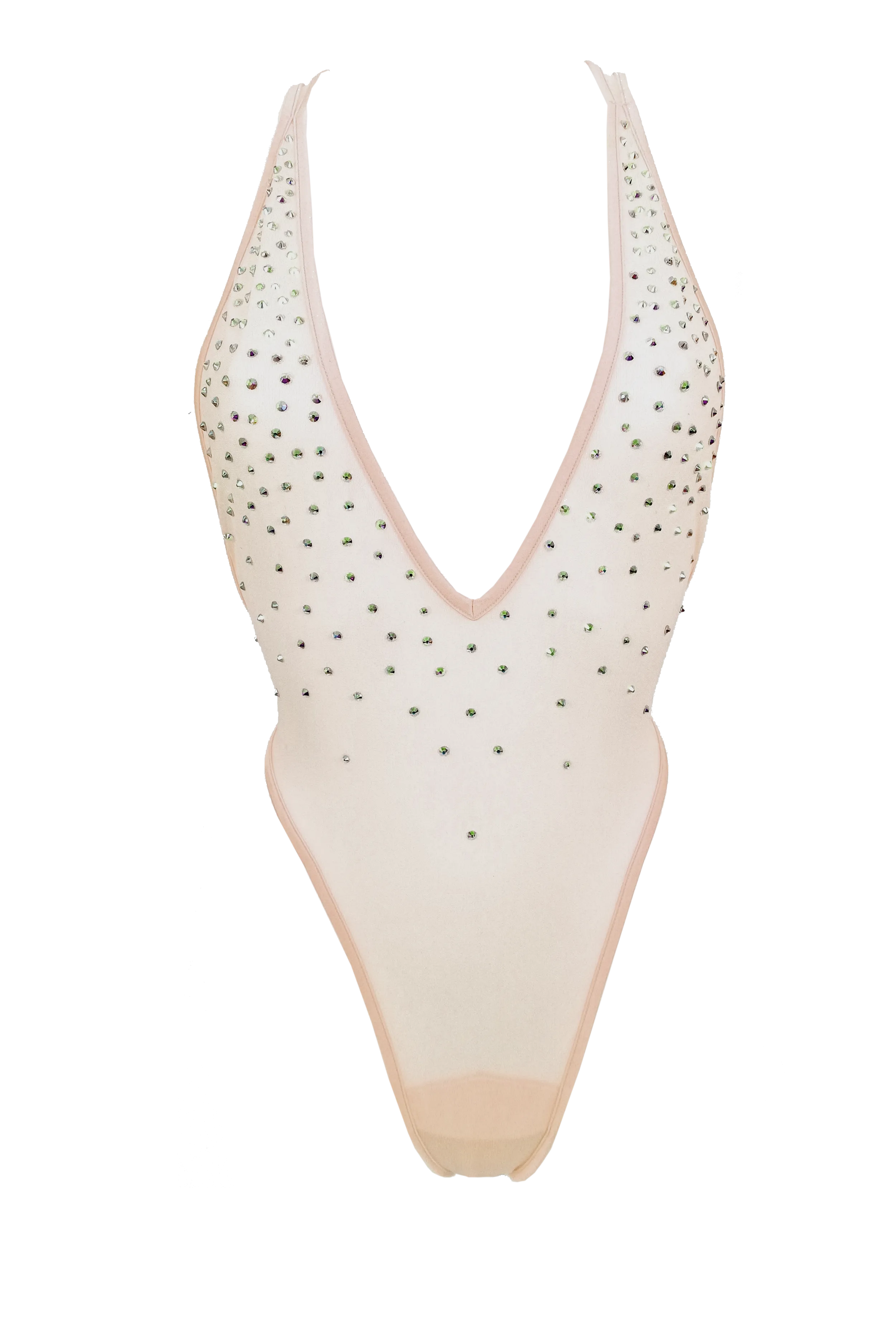 High Cut Bodysuit  SKINNY CRYSTAL  / Sexy Lingerie Sheer Mesh/ FLESH