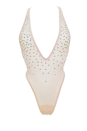 High Cut Bodysuit  SKINNY CRYSTAL  / Sexy Lingerie Sheer Mesh/ FLESH