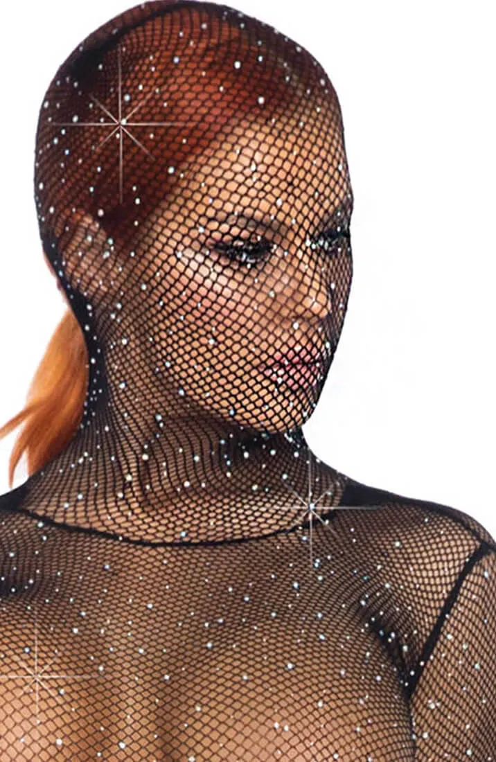 Hooded net bodysuit with rhinestone - Hooded Love