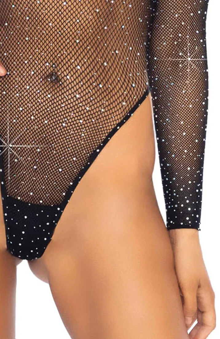 Hooded net bodysuit with rhinestone - Hooded Love