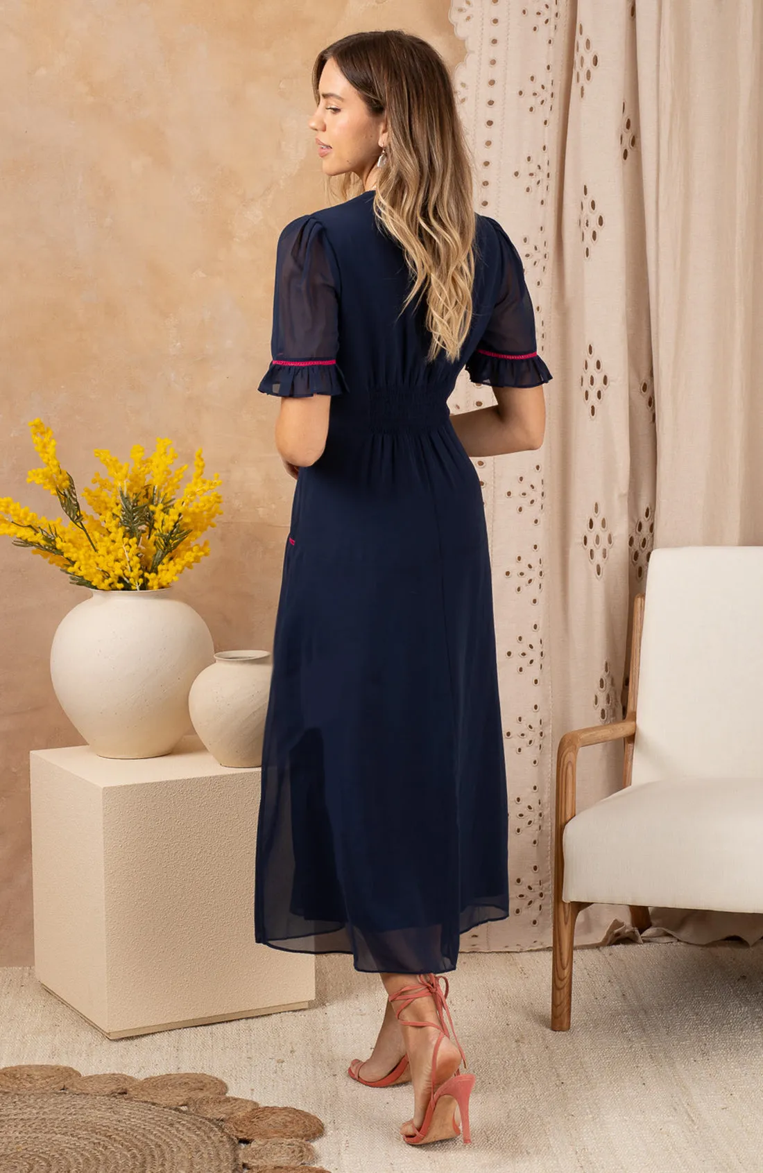 Hope And Ivy The Niamh Embroidered Puff Sleeve Midi Tea Dress