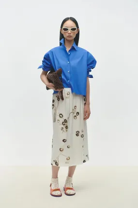 Ivory Floral Print Satin Midi Skirt