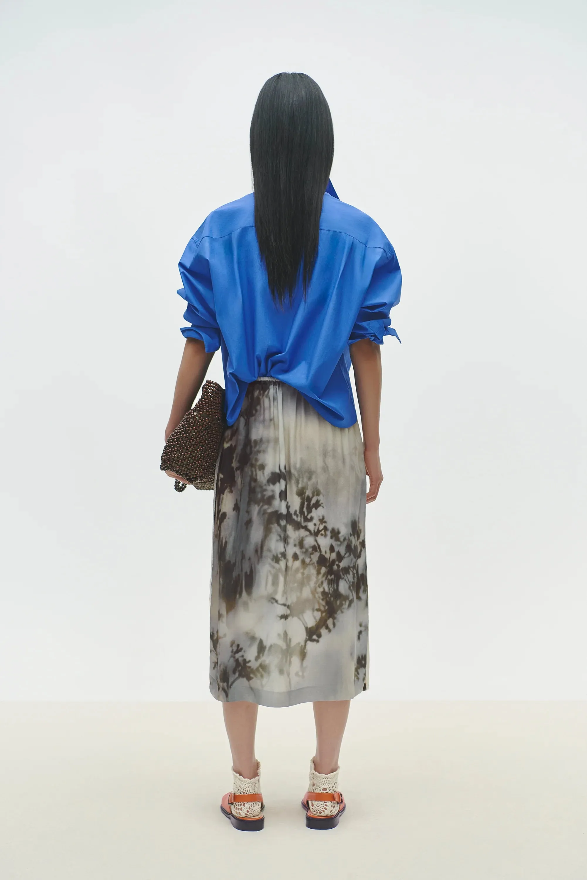 Ivory Floral Print Satin Midi Skirt