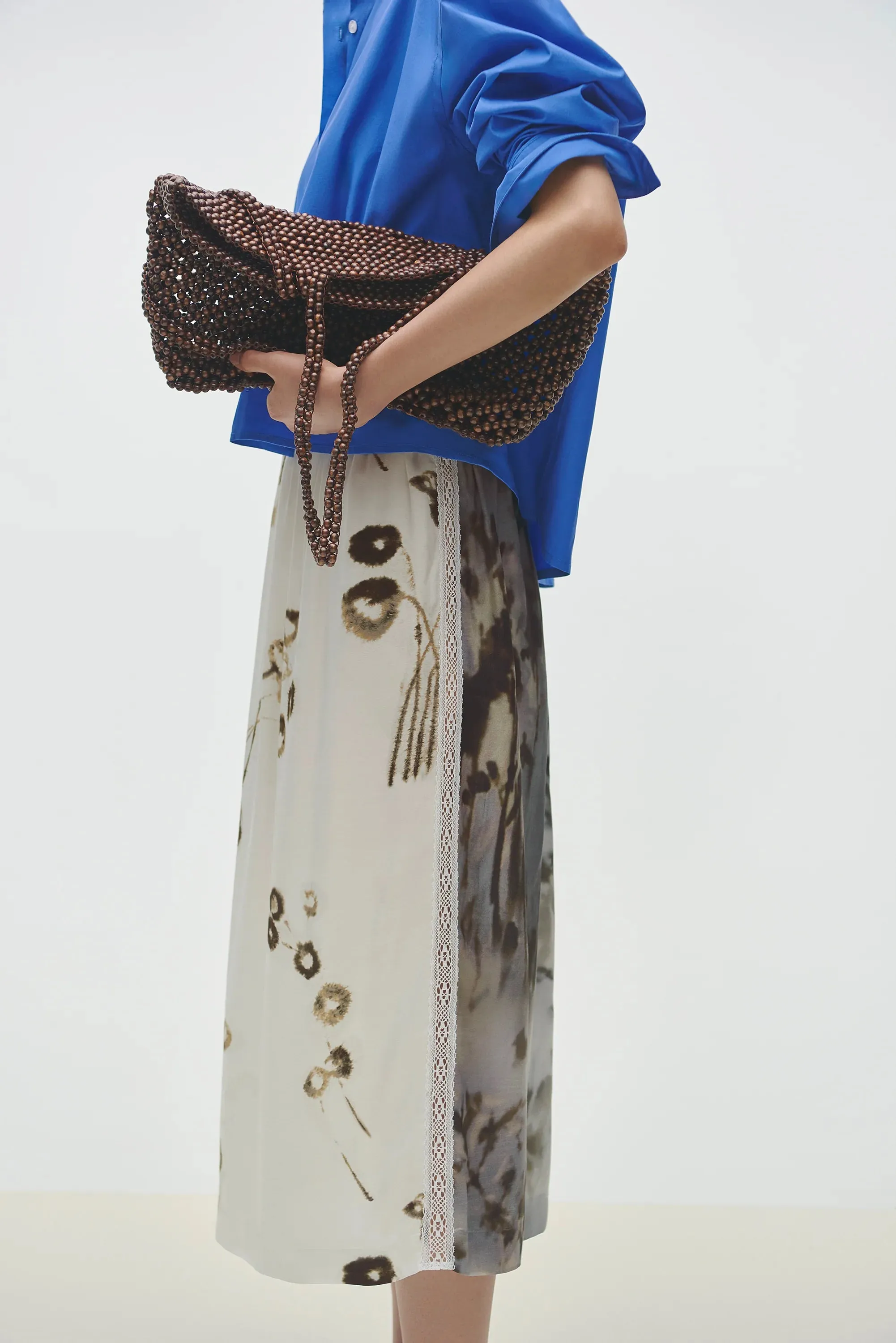 Ivory Floral Print Satin Midi Skirt