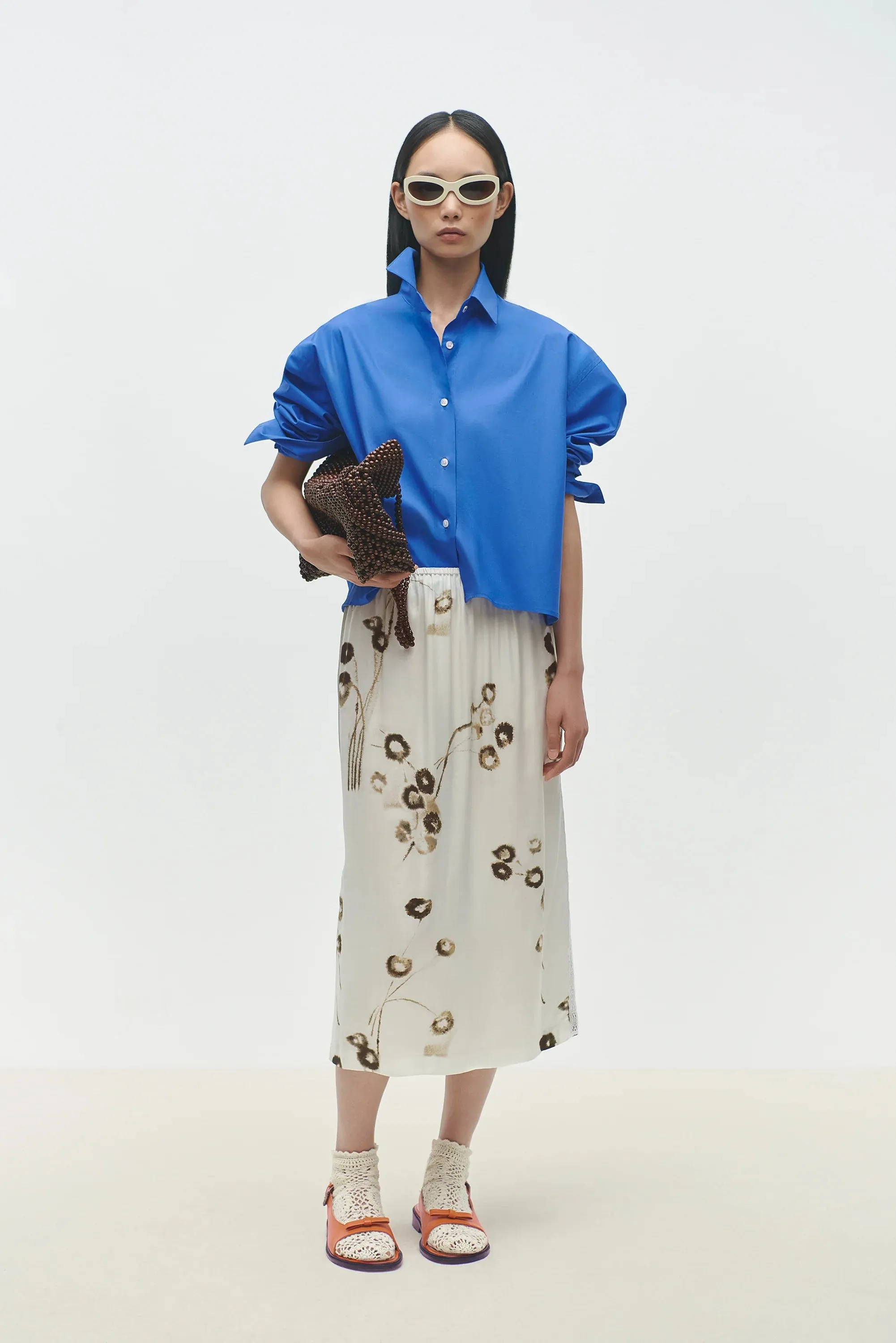 Ivory Floral Print Satin Midi Skirt