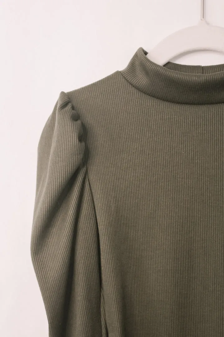 Jade Puff Sleeve Ribbed Bodysuit in Olive
