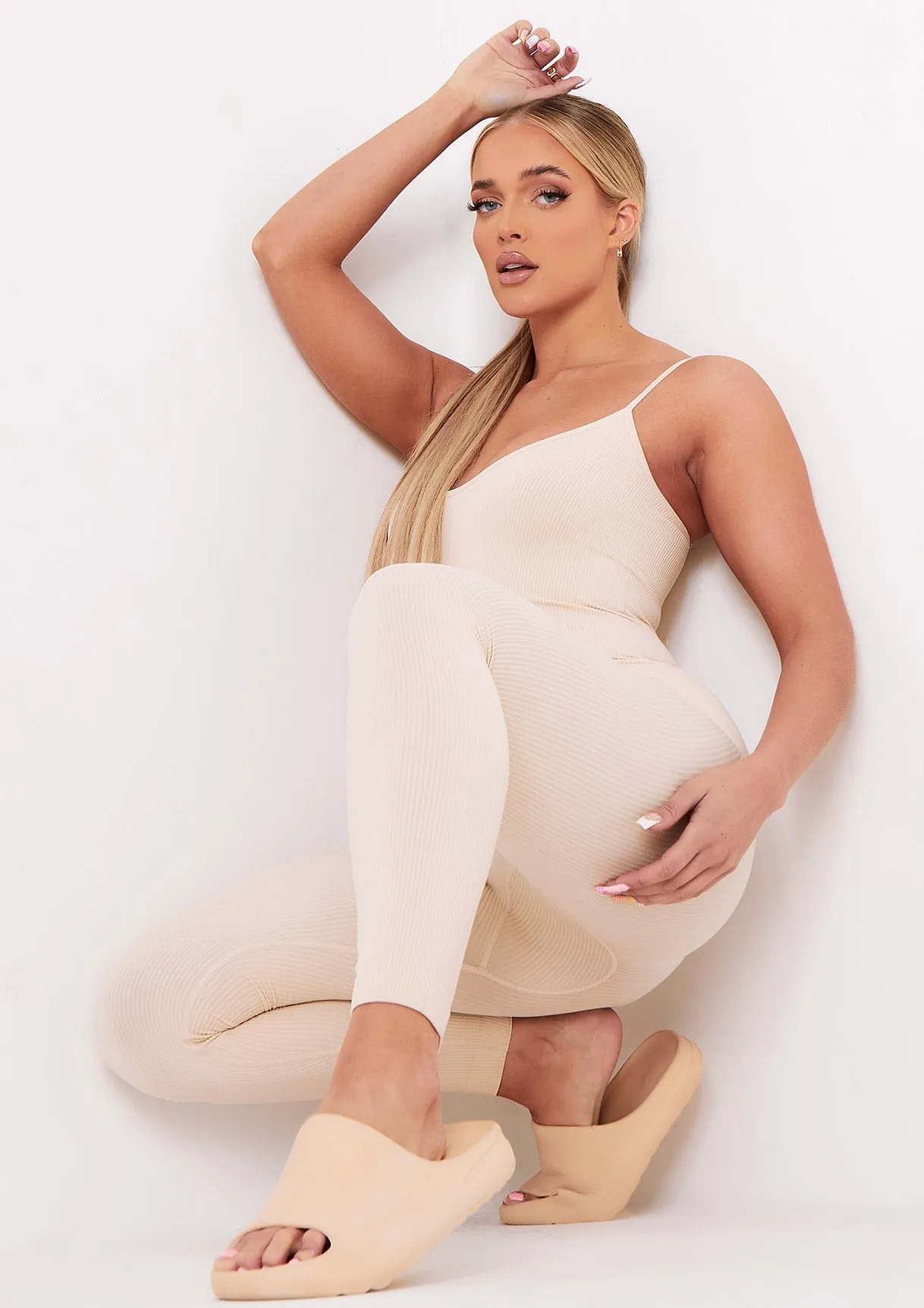 Kora Cream Ribbed Seamless Strappy Jumpsuit