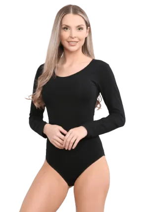 Ladies Black Round Neck Long Sleeve Viscose Leotard Ballet Dance Bodysuit
