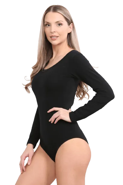 Ladies Black Round Neck Long Sleeve Viscose Leotard Ballet Dance Bodysuit